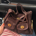 Women's Suede Structured Double Lock Pocket Shoulder Bag