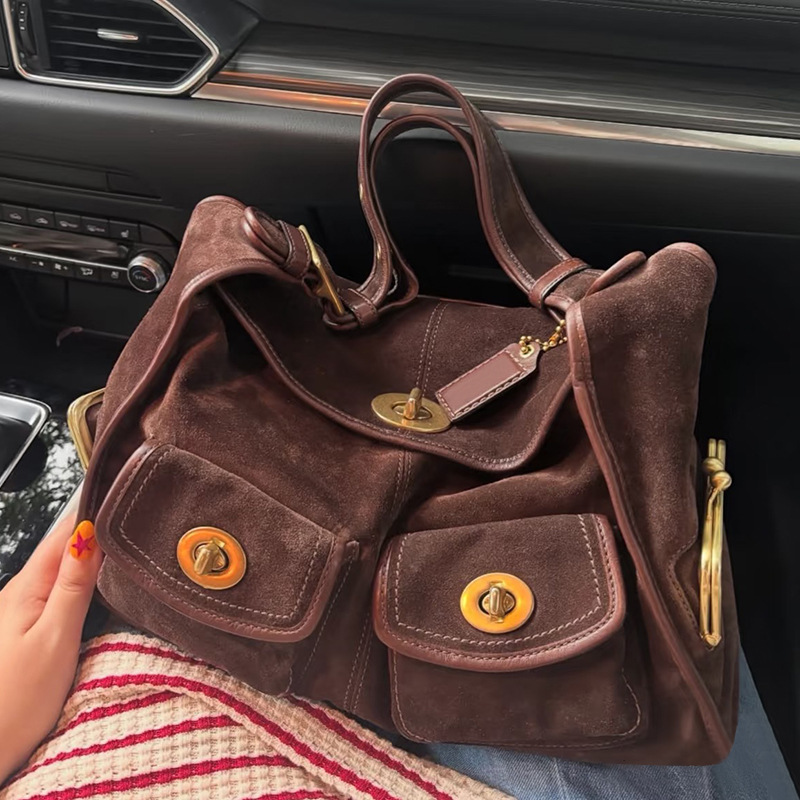 Women's Suede Structured Double Lock Pocket Shoulder Bag