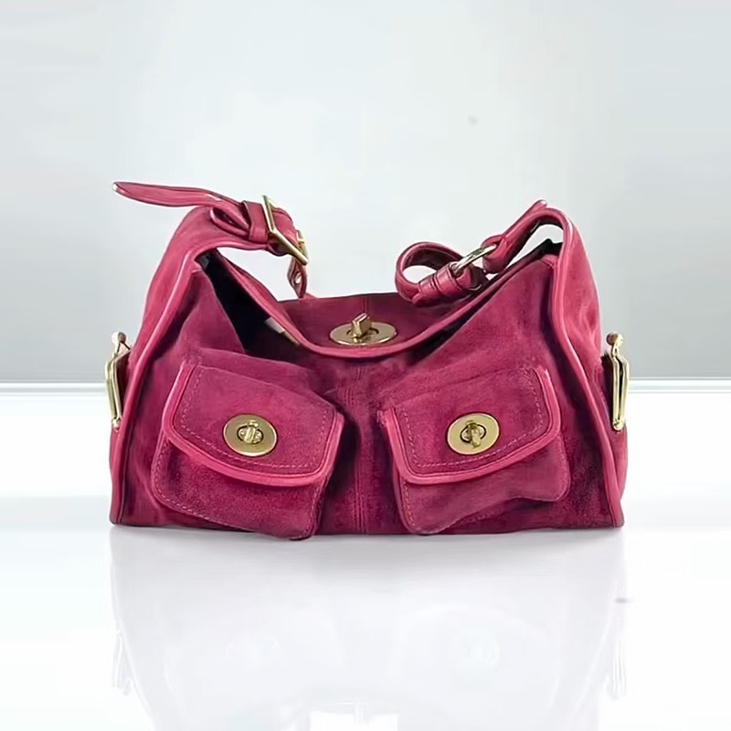 Women's Suede Structured Double Lock Pocket Shoulder Bag