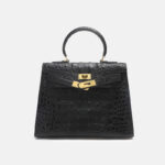 Sac à main vintage à bandoulière en cuir fendu gaufré au crocodile et à la quincaillerie dorée pour femmes
