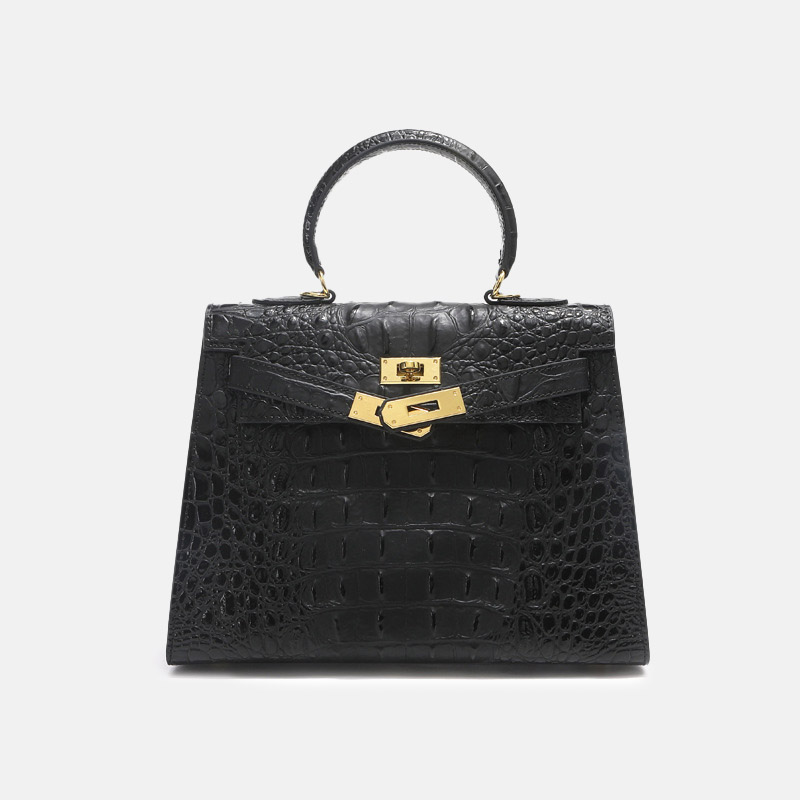 Sac à main vintage à bandoulière en cuir fendu gaufré au crocodile et à la quincaillerie dorée pour femmes