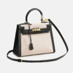 Women's Canvas Leather Trim Color-Block Lock Top Handle Bag