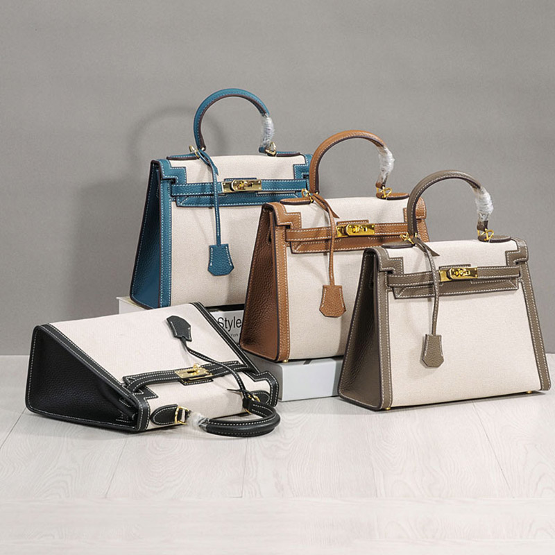 Women's Canvas Leather Trim Color-Block Lock Top Handle Bag