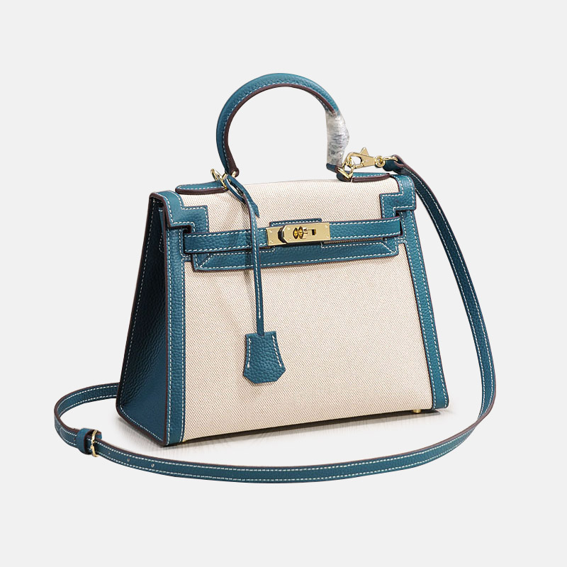 Women's Canvas Leather Trim Color-Block Lock Top Handle Bag