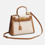 Women's Canvas Leather Trim Color-Block Lock Top Handle Bag