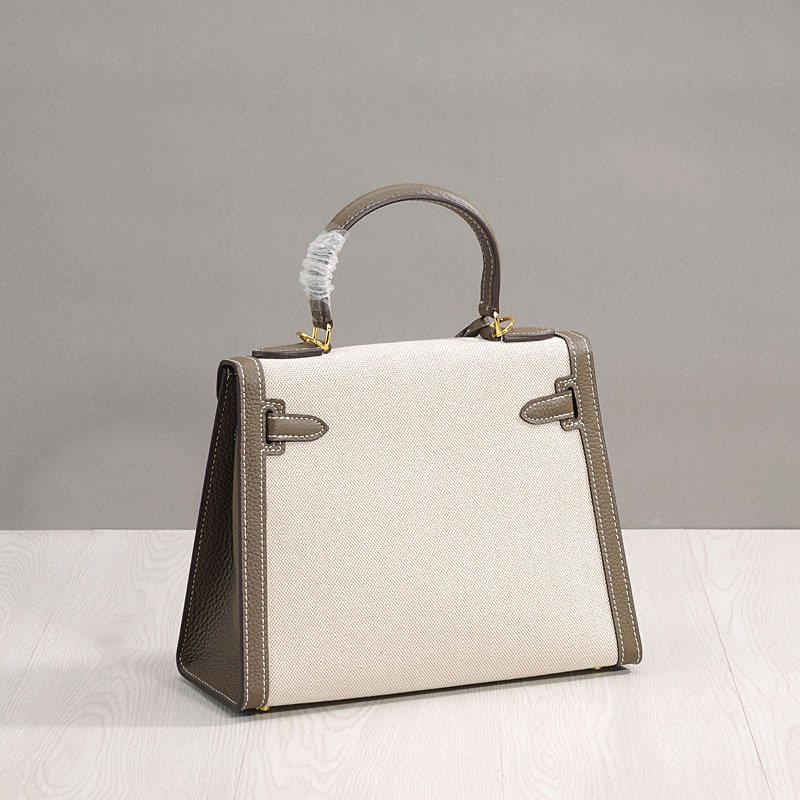 Women's Canvas Leather Trim Color-Block Lock Top Handle Bag