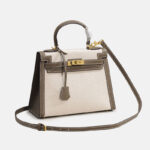 Women's Canvas Leather Trim Color-Block Lock Top Handle Bag