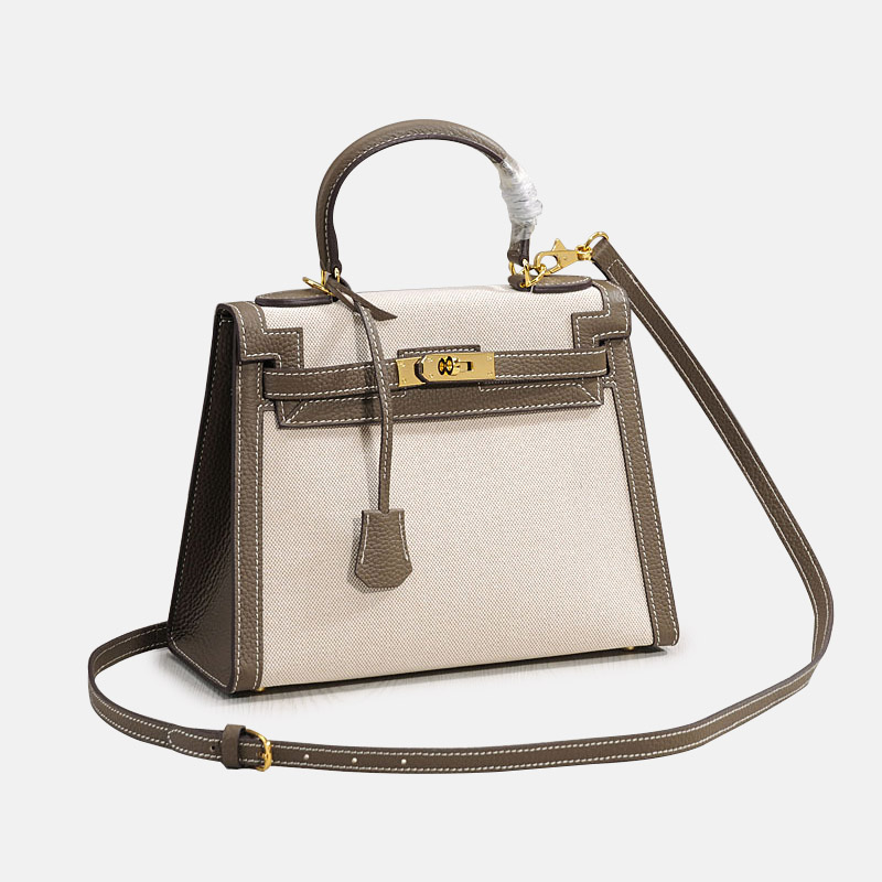 Women's Canvas Leather Trim Color-Block Lock Top Handle Bag