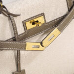 Women's Canvas Leather Trim Color-Block Lock Top Handle Bag