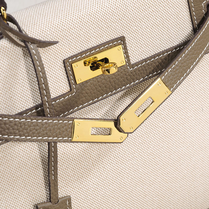Women's Canvas Leather Trim Color-Block Lock Top Handle Bag