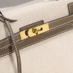 Women's Canvas Leather Trim Color-Block Lock Top Handle Bag