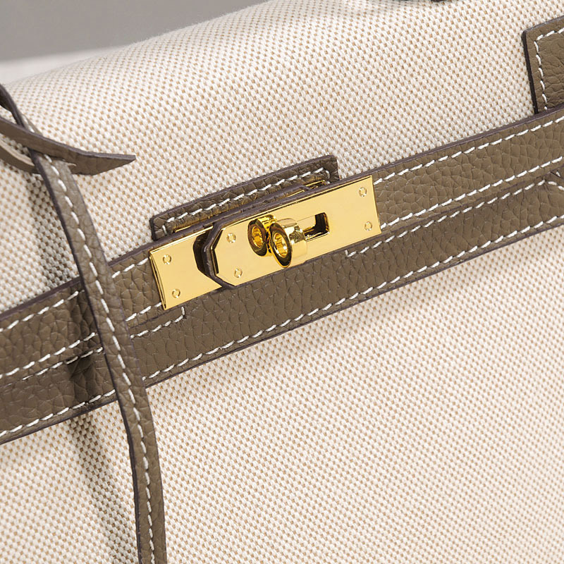 Women's Canvas Leather Trim Color-Block Lock Top Handle Bag