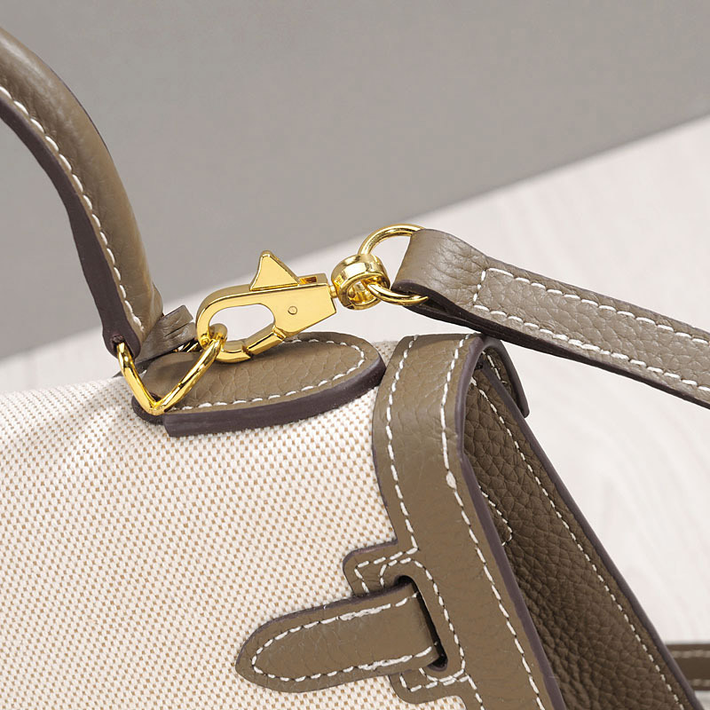 Women's Canvas Leather Trim Color-Block Lock Top Handle Bag