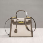Women's Canvas Leather Trim Color-Block Lock Top Handle Bag
