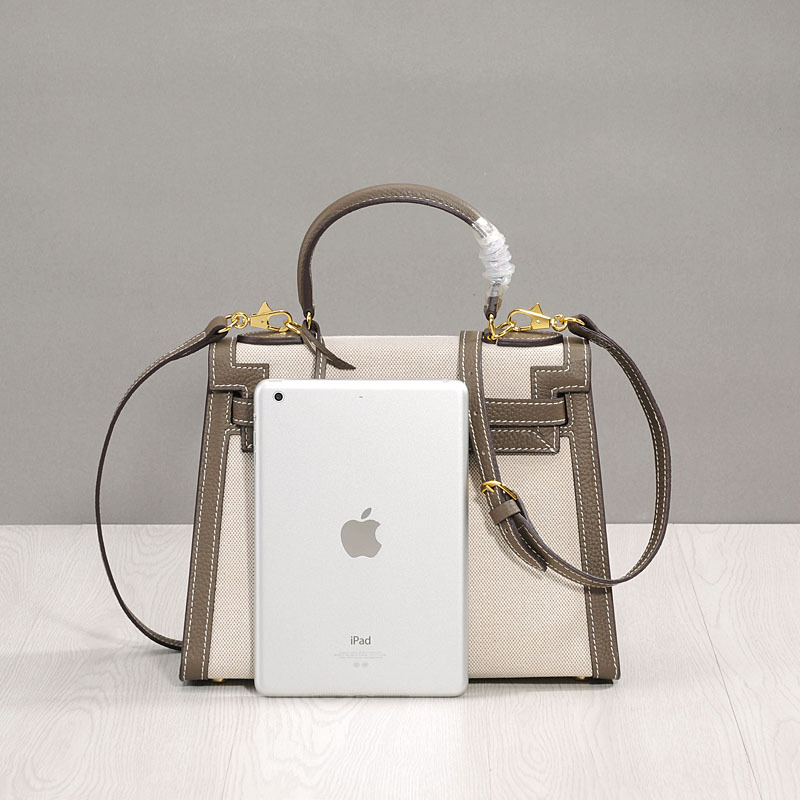 Women's Canvas Leather Trim Color-Block Lock Top Handle Bag