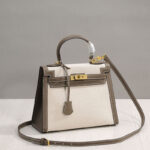 Women's Canvas Leather Trim Color-Block Lock Top Handle Bag