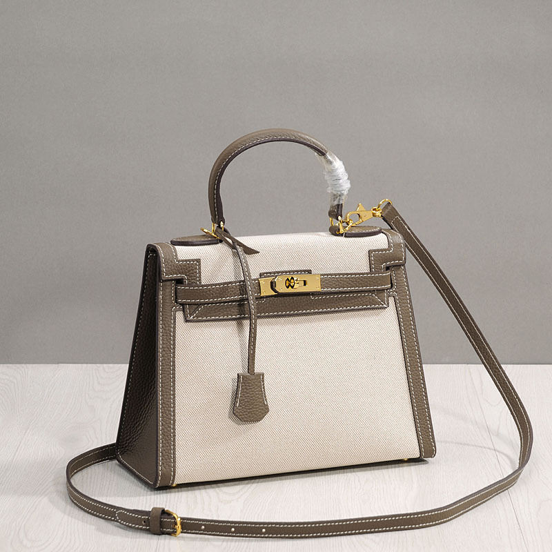 Women's Canvas Leather Trim Color-Block Lock Top Handle Bag