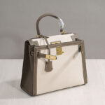 Women's Canvas Leather Trim Color-Block Lock Top Handle Bag