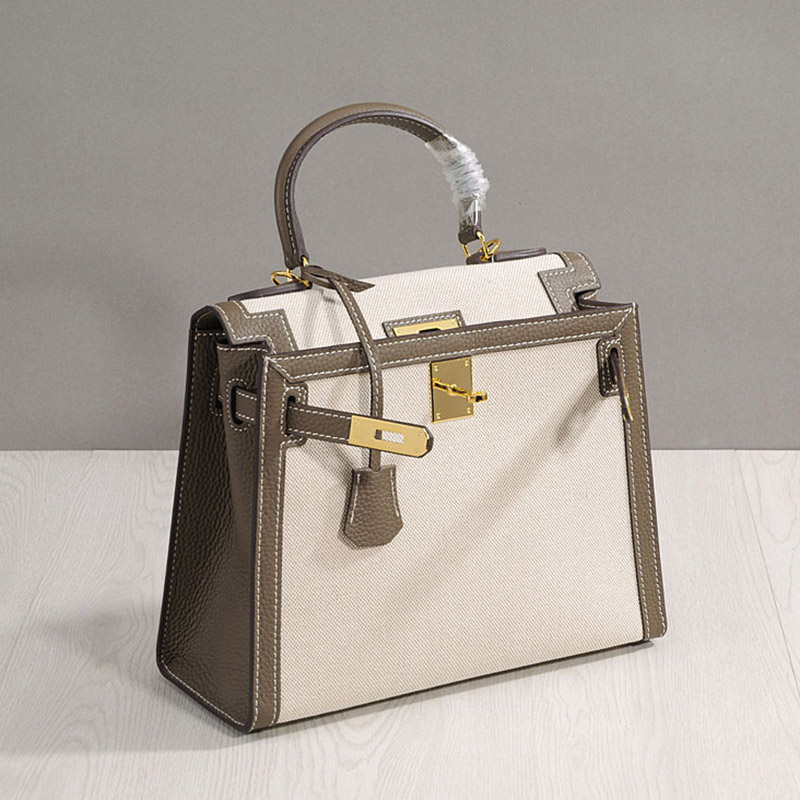 Women's Canvas Leather Trim Color-Block Lock Top Handle Bag