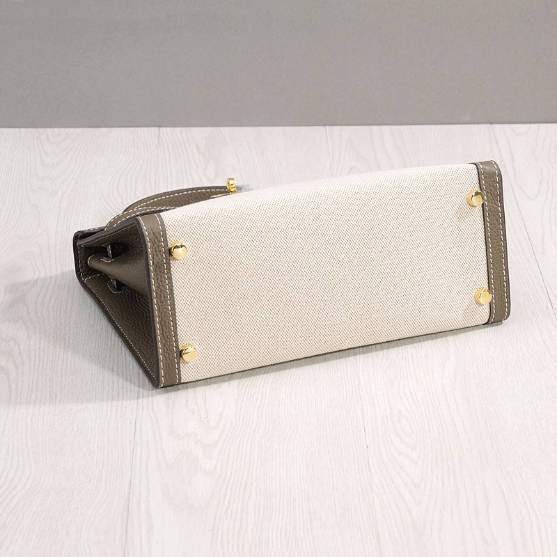 Women's Canvas Leather Trim Color-Block Lock Top Handle Bag
