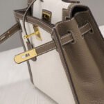 Women's Canvas Leather Trim Color-Block Lock Top Handle Bag