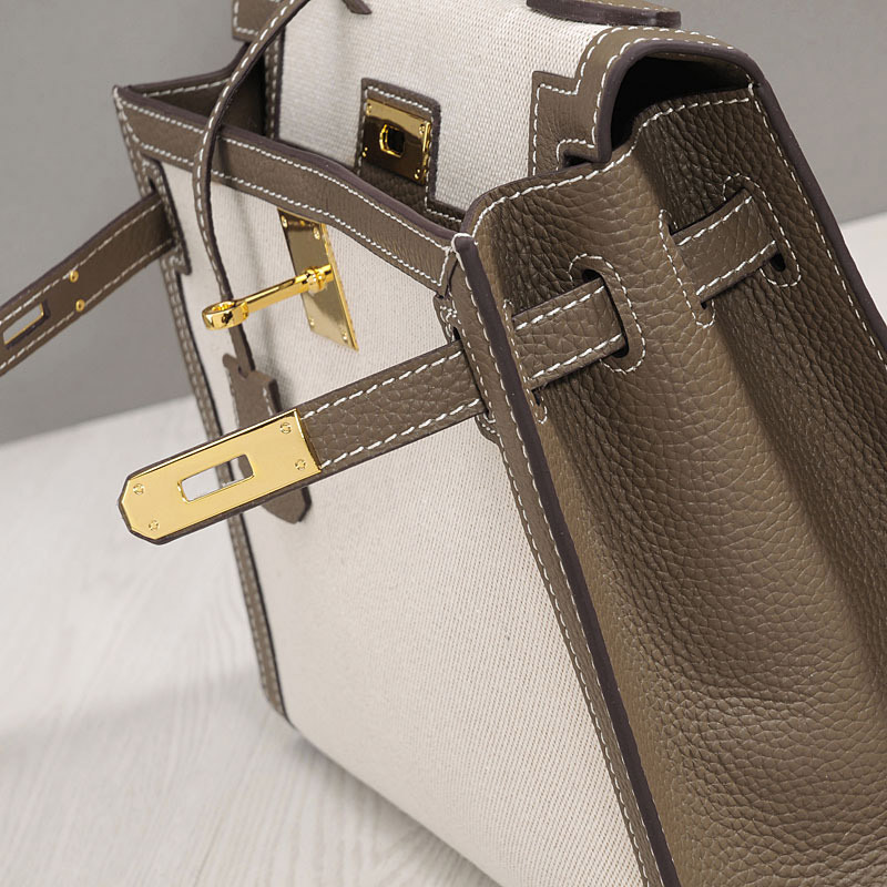 Women's Canvas Leather Trim Color-Block Lock Top Handle Bag