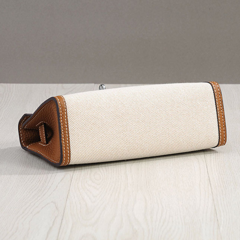 Women's Canvas Full-Grain Leather Trim Turn-Lock Crossbody Strap Top Handle Bag