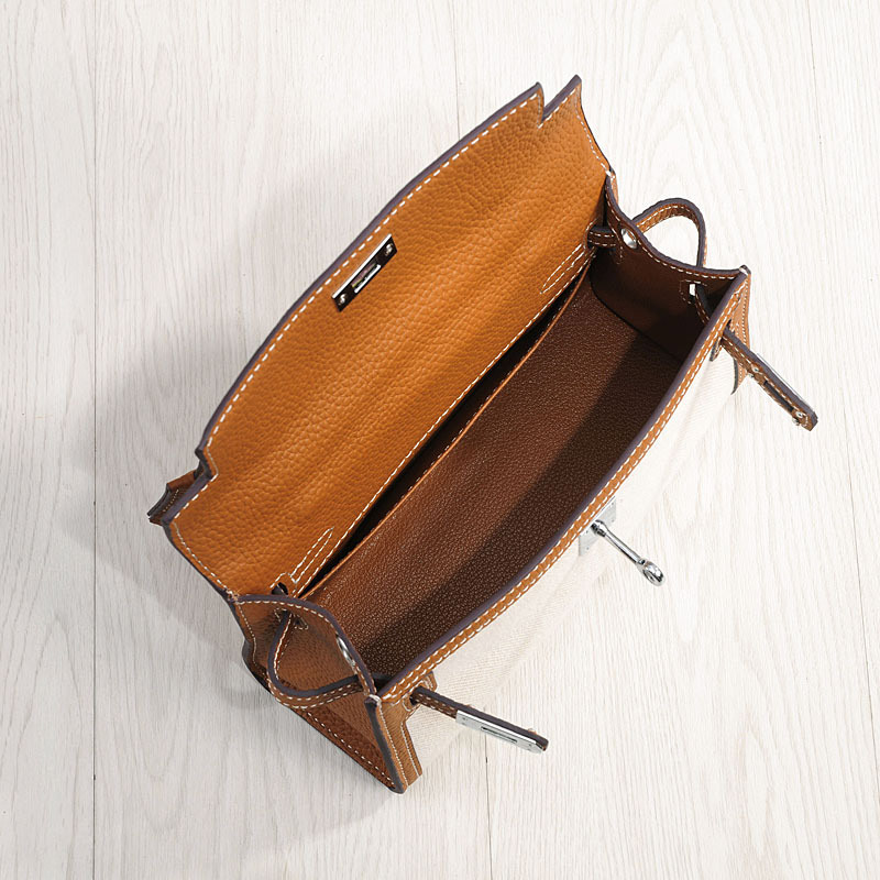 Women's Canvas Full-Grain Leather Trim Turn-Lock Crossbody Strap Top Handle Bag