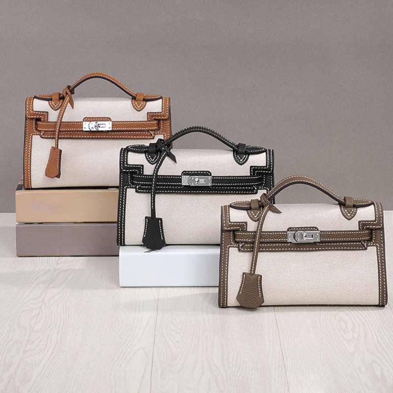 Women's Canvas Full-Grain Leather Trim Turn-Lock Crossbody Strap Top Handle Bag
