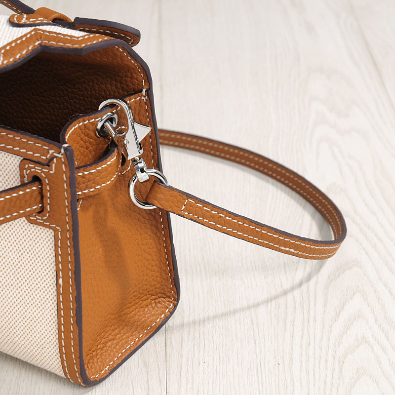 Women's Canvas Full-Grain Leather Trim Turn-Lock Crossbody Strap Top Handle Bag