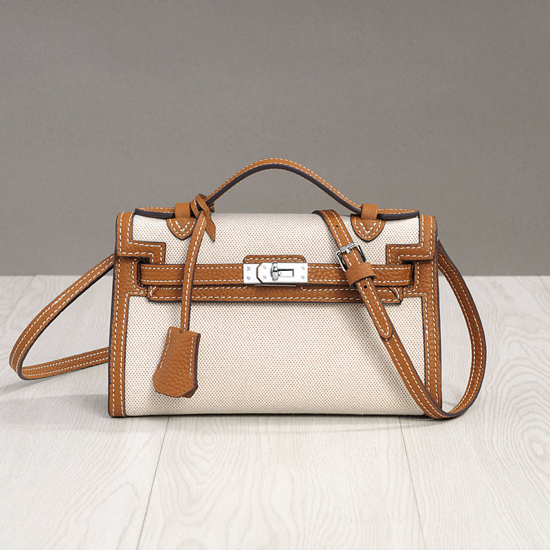 Women's Canvas Full-Grain Leather Trim Turn-Lock Crossbody Strap Top Handle Bag
