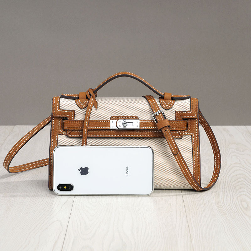 Women's Canvas Full-Grain Leather Trim Turn-Lock Crossbody Strap Top Handle Bag