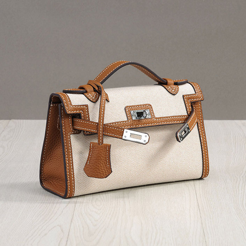 Women's Canvas Full-Grain Leather Trim Turn-Lock Crossbody Strap Top Handle Bag