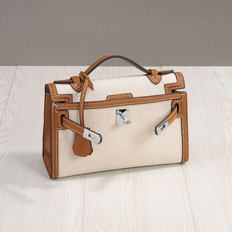 Women's Canvas Full-Grain Leather Trim Turn-Lock Crossbody Strap Top Handle Bag