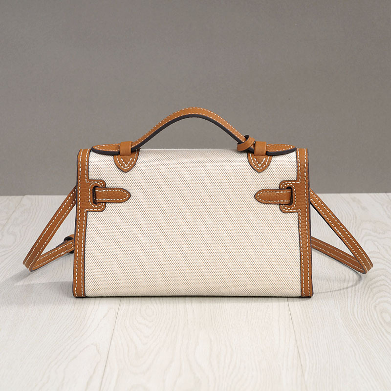 Women's Canvas Full-Grain Leather Trim Turn-Lock Crossbody Strap Top Handle Bag