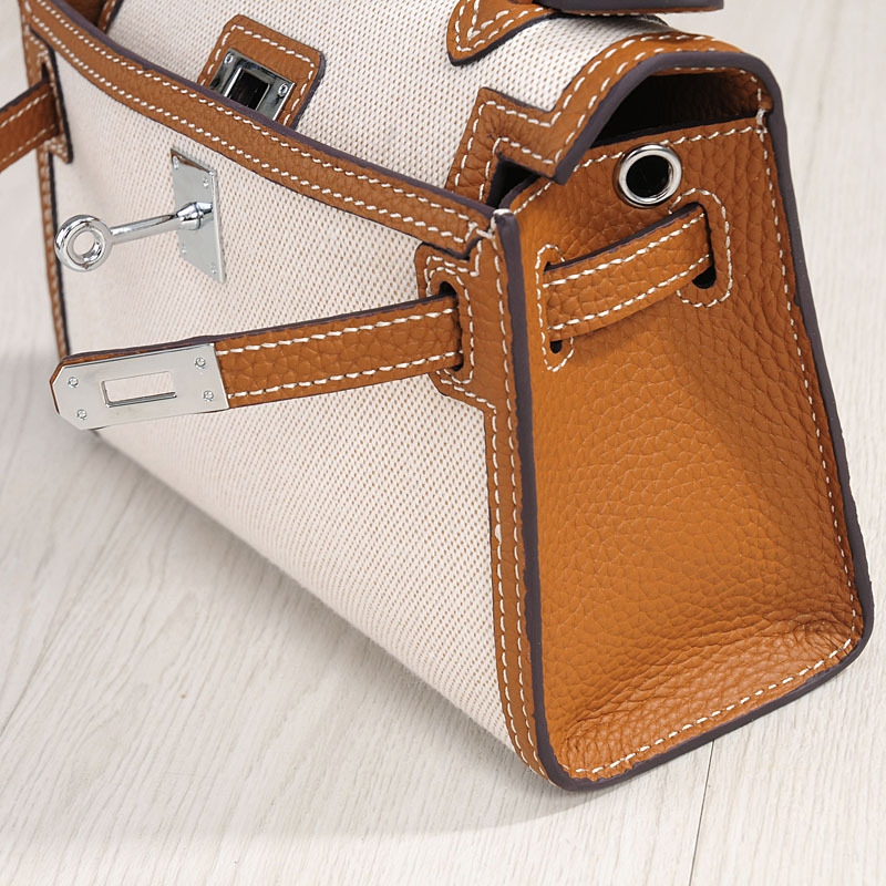 Women's Canvas Full-Grain Leather Trim Turn-Lock Crossbody Strap Top Handle Bag