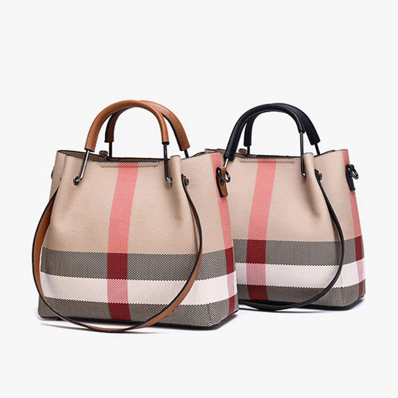 Women's Canvas Cowhide Trim Plaid Contrast Shoulder Crossbody Bucket Handbag