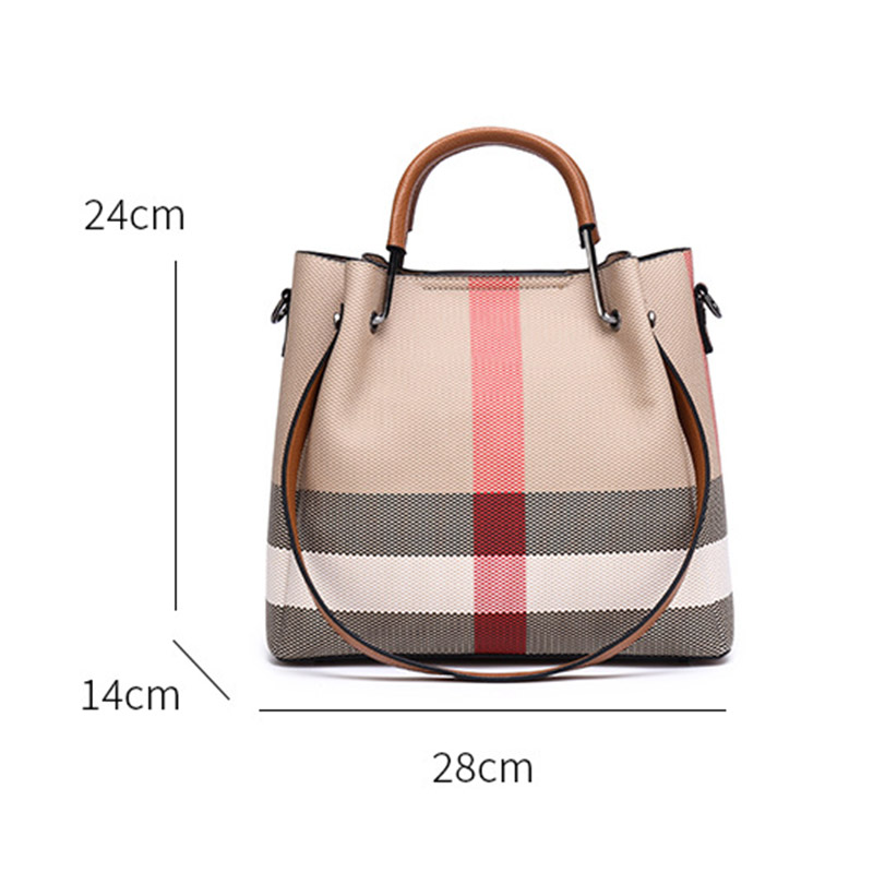 Women's Canvas Cowhide Trim Plaid Contrast Shoulder Crossbody Bucket Handbag