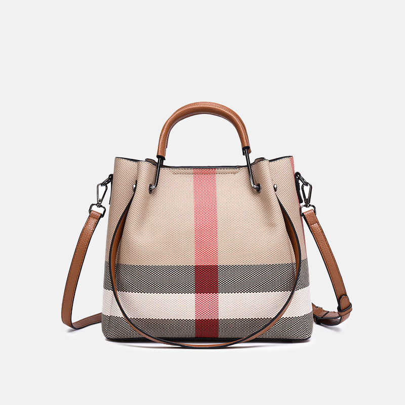 Women's Canvas Cowhide Trim Plaid Contrast Shoulder Crossbody Bucket Handbag