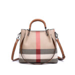 Women's Canvas Cowhide Trim Plaid Contrast Shoulder Crossbody Bucket Handbag
