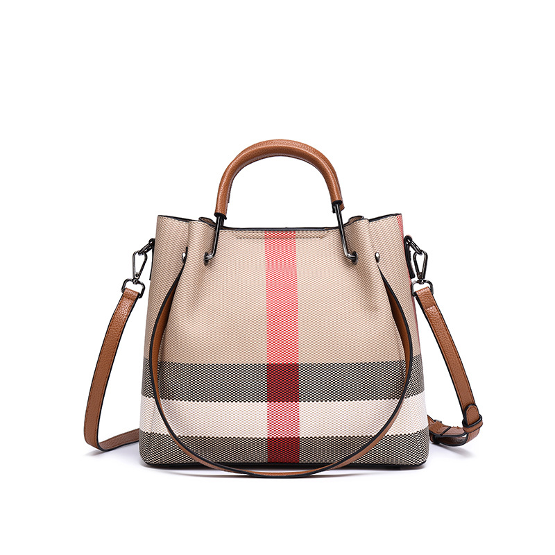 Women's Canvas Cowhide Trim Plaid Contrast Shoulder Crossbody Bucket Handbag