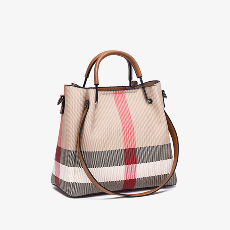 Women's Canvas Cowhide Trim Plaid Contrast Shoulder Crossbody Bucket Handbag
