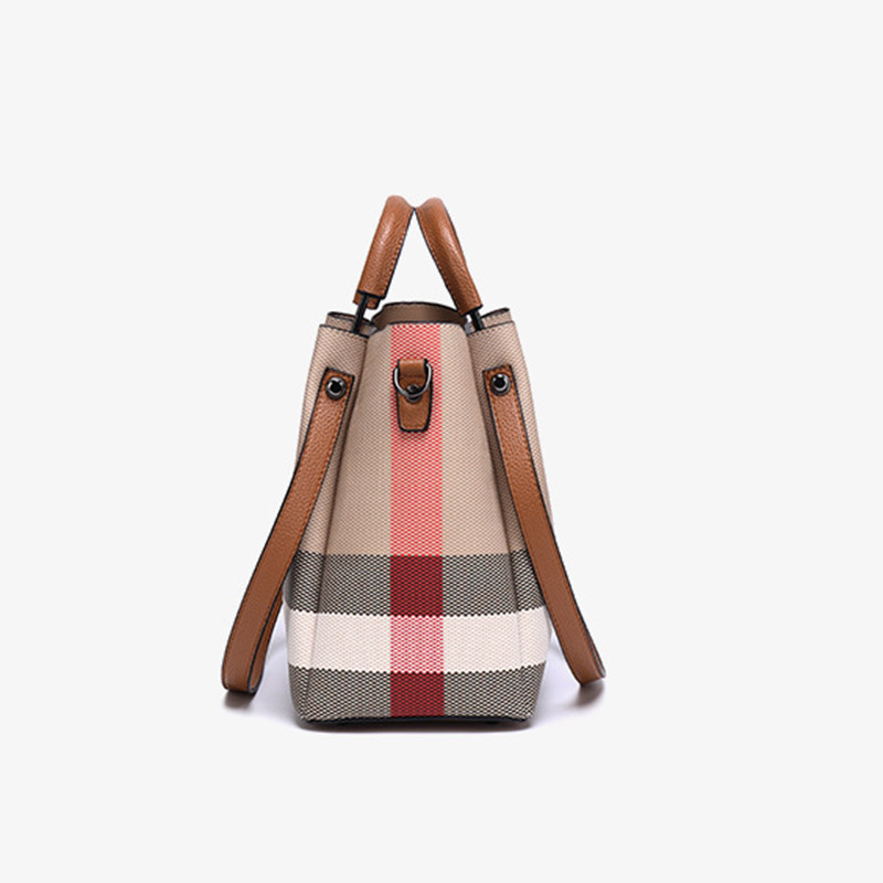 Women's Canvas Cowhide Trim Plaid Contrast Shoulder Crossbody Bucket Handbag