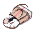Women's Canvas Cowhide Trim Plaid Contrast Shoulder Crossbody Bucket Handbag