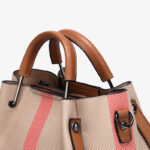 Women's Canvas Cowhide Trim Plaid Contrast Shoulder Crossbody Bucket Handbag
