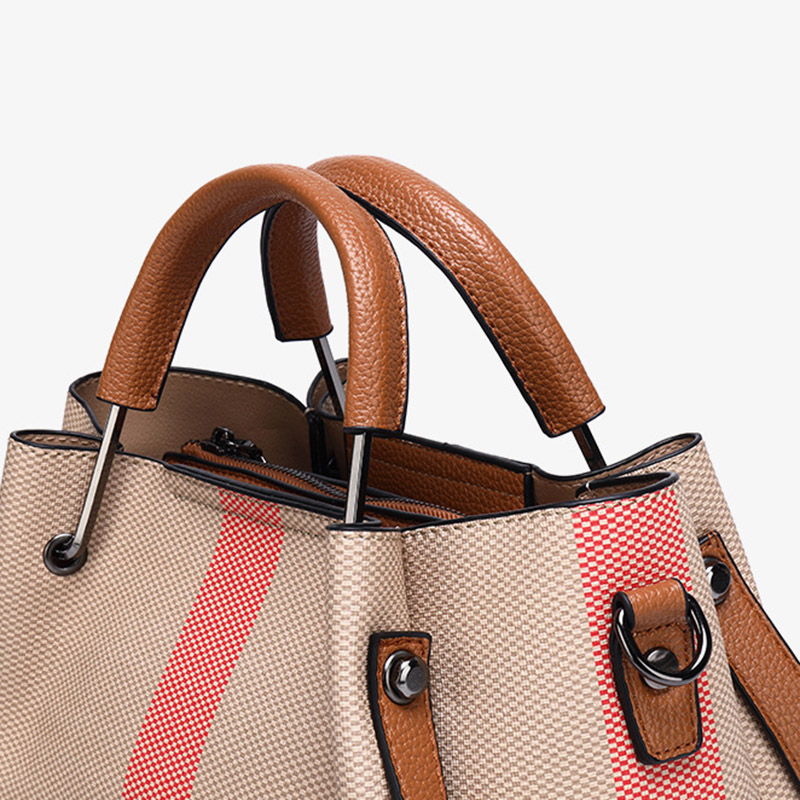 Women's Canvas Cowhide Trim Plaid Contrast Shoulder Crossbody Bucket Handbag