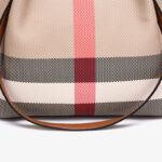 Women's Canvas Cowhide Trim Plaid Contrast Shoulder Crossbody Bucket Handbag