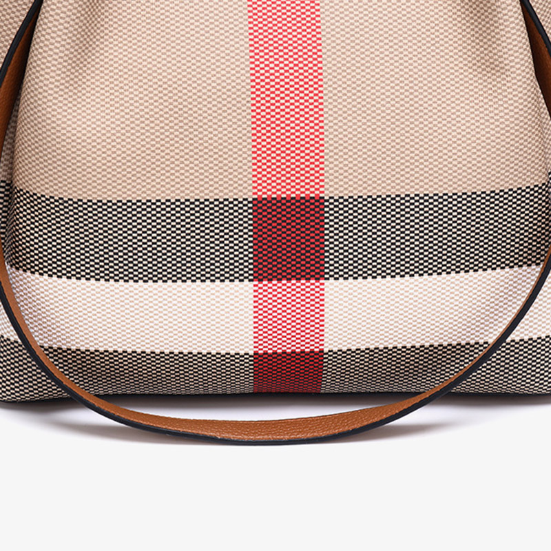 Women's Canvas Cowhide Trim Plaid Contrast Shoulder Crossbody Bucket Handbag