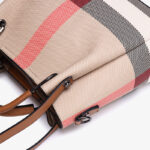 Women's Canvas Cowhide Trim Plaid Contrast Shoulder Crossbody Bucket Handbag