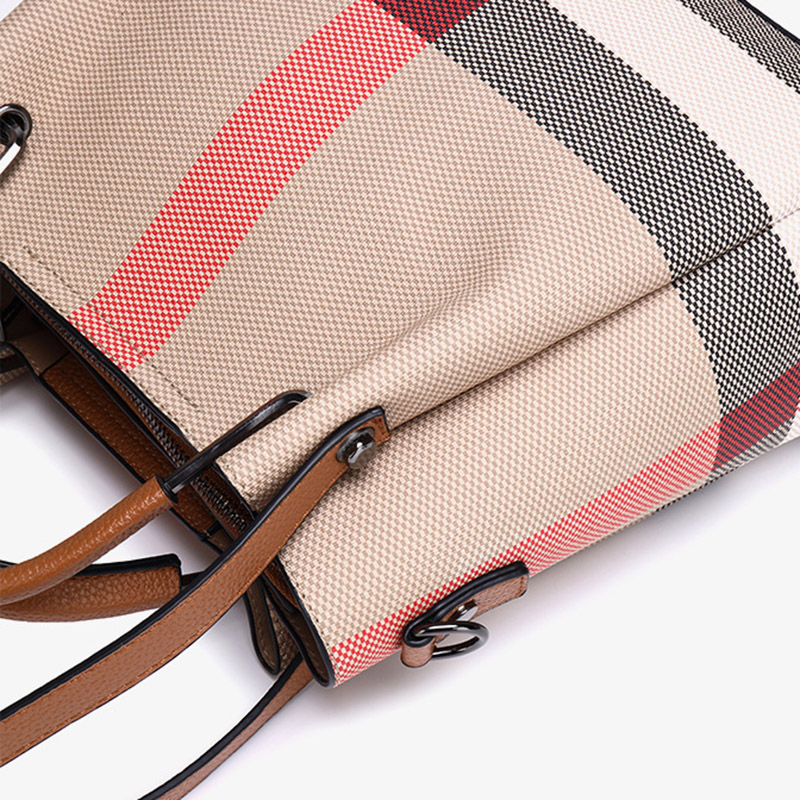 Women's Canvas Cowhide Trim Plaid Contrast Shoulder Crossbody Bucket Handbag